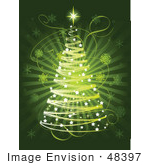 #48397 Clip Art Illustration Of A Xmas Tree Made Of Scribbles And White Stars On A Bursting Green Snowflake Background