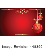 #48399 Clip Art Illustration Of A Deep Red Xmas Background With Elegant Gold Elements And Baubles