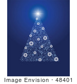 #48401 Clip Art Illustration Of A Blue And White Xmas Tree Of Floral Designs And Circles With A Bright Star Over Blue