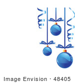 #48405 Clip Art Illustration Of A White Background With Blue Xmas Bulbs And Curly Ribbons