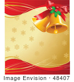 #48407 Clip Art Illustration Of A Pair Of Golden Xmas Bells With Holly And A Bow Over A Golden And Red Background Of Snowflakes