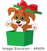 #48409 Clip Art Illustration Of A Cute Puppy Popping Out Of A Green Xmas Box