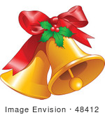 #48412 Clip Art Illustration Of Two Ringing Xmas Bells With A Red Bow And Holly by pushkin