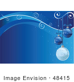 #48415 Clip Art Illustration Of Three Blue Glittery Xmas Ornaments Suspended Over A Blue Background With Sparkles, Vines And Waves by pushkin