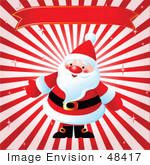 #48417 Clip Art Illustration Of Santa Under A Santa Under A Red Xmas Banner On A Bursting Background