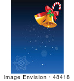 #48418 Clip Art Illustration Of A Pair Of Golden Xmas Bells With Holly And A Candy Cane Ringing Snowflakes Down Over Blue