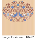 #48422 Clip Art Illustration Of Two Love Birds In An Ornamental Scroll With Xmas Baubles On A Striped Background