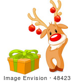 #48423 Clip Art Illustration Of A Cute Rudolph Wearing Baubles And Standing By A Present