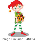 #48424 Clip Art Illustration Of A Thoughtful Xmas Elf Holding Out A Present