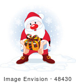 #48430 Clip Art Illustration Of A Thoughtful Santa Holding Out A Present While Standing In The Snow