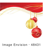#48431 Stock Illustration Of A Xmas Background With Three Red And Golden Baubles Over White, With An Upper Border Of Red And Gold Waves by pushkin