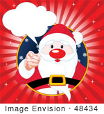 #48434 Clip Art Illustration Of Santa In A Circle Pointing Outwards With A Word Bubble And Red Rays