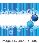 #48435 Clip Art Illustration Of A Blue Striped Background With Snowflakes And Xmas Baubles Around A Text Box