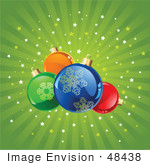 #48438 Clip Art Illustration Of A Green Bursting Background With Colorful Shiny Xmas Bulbs
