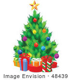 #48439 Clip Art Illustration Of A Xmas Tree With Colorful Baubles Surrounded By Gift Boxes