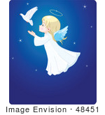 #48451 Clip Art Illustration Of An Adorable Xmas Angel Girl Flying Behind A Dove In A Blue Starry Sky