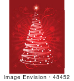 #48452 Clip Art Illustration Of A Red Xmas Background With A Scribble Tree And Sparkles Over A Faint Snowflake Burst