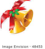 #48453 Clip Art Illustration Of A Red Bow Attached To Two Golden Bells With Xmas Holly by pushkin