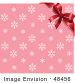 #48456 Clip Art Illustration Of A Pink Snowflake Background With A Red Xmas Bow Ribbon In The Upper Right Corner by pushkin