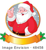 #48458 Clip Art Illustration Of Santa Giving The Thumbs Up In A Circle Over A Gold Xmas Holly Banner by pushkin