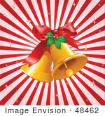 #48462 Clip Art Illustration Of A Bursting Red Background With Xmas Jingle Bells And Holly