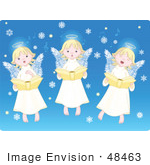 #48463 Clip Art Illustration Of Three Singing Angels With Snowflakes On Blue by pushkin