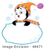 #48471 Clip Art Illustration Of A Cute Xmas Penguin Looking Over A Blank Sign With Snowflakes by pushkin
