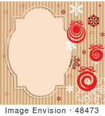 #48473 Clip Art Illustration Of A Brown Striped Retro Xmas Background With Snowflakes Baubles And A Text Box