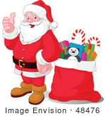 #48476 Clip Art Illustration Of Santa Holding His Thumb Up And Standing By A Sack Of Toys by pushkin