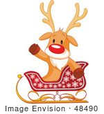 #48490 Clip Art Illustration Of A Cute Rudolph Sitting In A Sleigh And Waving