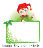 #48491 Clip Art Illustration Of A Xmas Elf Standing Behind A Green Blank Sign