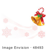 #48493 Clip Art Illustration Of A Candy Cane With Holly And Xmas Bells Over A White With Red Snowflakes