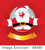 #48496 Clip Art Illustration Of A Jolly Santa Welcoming From A Circle Above A Golden Xmas Banner On A Red Snowflake Background