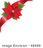 #48499 Clip Art Illustration Of A White Background With A Red Ribbon And Xmas Poinsettia Corner