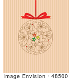 #48500 Clip Art Illustration Of A Floral Scroll Xmas Ornament Hanging From A Red Ribbon On A Striped Background
