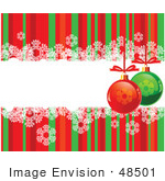 #48501 Clip Art Illustration Of A Red And Green Striped Xmas Background With Snowflakes And Baubles Around A Text Box