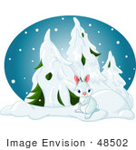 #48502 Clip Art Illustration Of A Cute Bunny Near Snow Flocked Evergreens In A Forest On A Snowy Night by pushkin