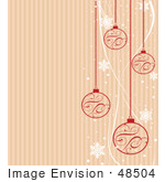 #48504 Clip Art Illustration Of A Striped Xmas Background With Red Ornaments And White Snowflakes