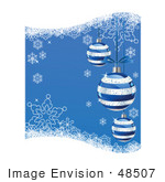 #48507 Clip Art Illustration Of A Blue Xmas Background With Striped Ornaments And Snowflakes by pushkin