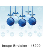 #48509 Clip Art Illustration Of Shiny Light And Dark Blue Xmas Baubles With Bows Suspended Over A Blue Snowflake Background