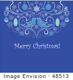 #48513 Clip Art Illustration Of A Blue Merry Xmas Greeting With Birds And Ornaments