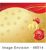 #48514 Clip Art Illustration Of Ornate Red And Golden Xmas Bulbs Over A Snowflake Gold Background With Red Waves