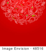 #48516 Clip Art Illustration Of A Red Xmas Background With White And Green Floral Designs And Copyspace by pushkin