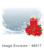 #48517 Clip Art Illustration Of A Xmas Background With Snowflakes, A Candle And Red Poinsettias by pushkin