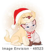 #48523 Stock Illustration Of A Cuddly Xmas Yellow Lab Puppy And Siamese Kitten Wearing A Santa Hat And Scarf