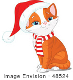 #48524 Clip Art Illustration Of A Happy Sitting Orange Xmas Kitten Wearing A Santa Hat