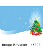#48525 Clip Art Illustration Of A Xmas Tree With Presents On A Snowy Hill Under A Blue Sky