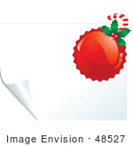 #48527 Clip Art Illustration Of A Red Xmas Stamp With Holly And A Candy Cane On A White Turning Page