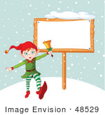 #48529 Clip Art Illustration Of An Energetic Xmas Elf Ringing A Bell By A Blank Sign In The Snow
