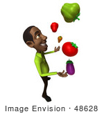 #48628 Royalty-Free (Rf) Illustration Of A 3d Black Man Mascot Juggling Healthy Veggies - Version 4